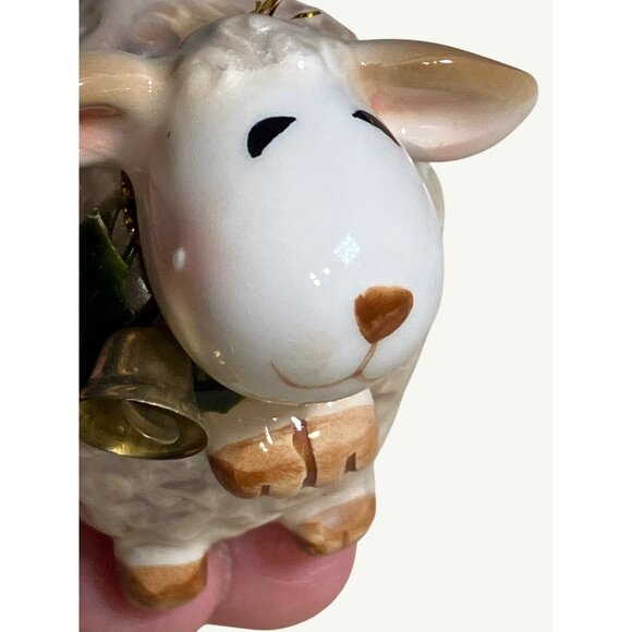 Handcrafted Ceramic Sheep Ornament With Golden Bell and Hanging Cord - Picture 10 of 10